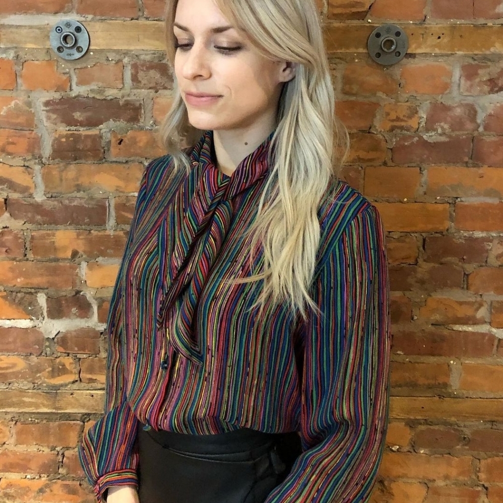 Vintage 80s Pussybow Multicolour Striped Blouse